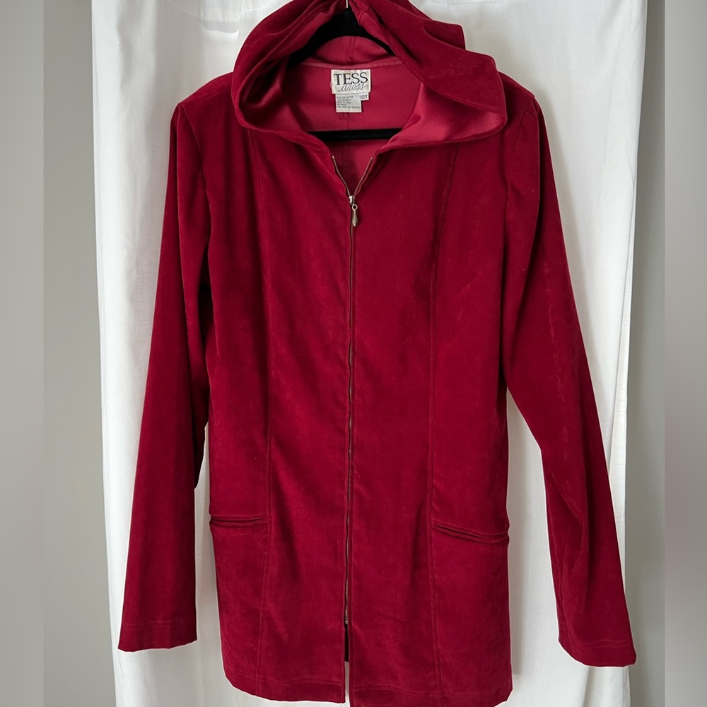 Beautiful deep red jacket with hood.